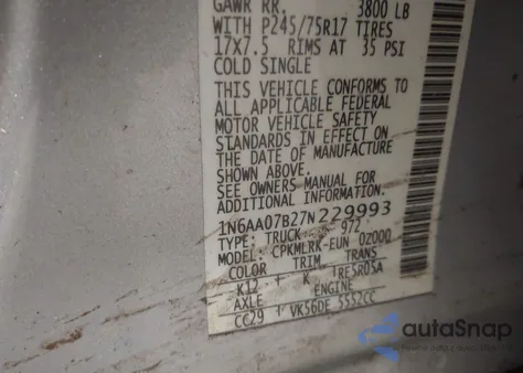 2007 Nissan Titan Xe z USA, uszkodzony, nr VIN 1N6AA07B27N229993